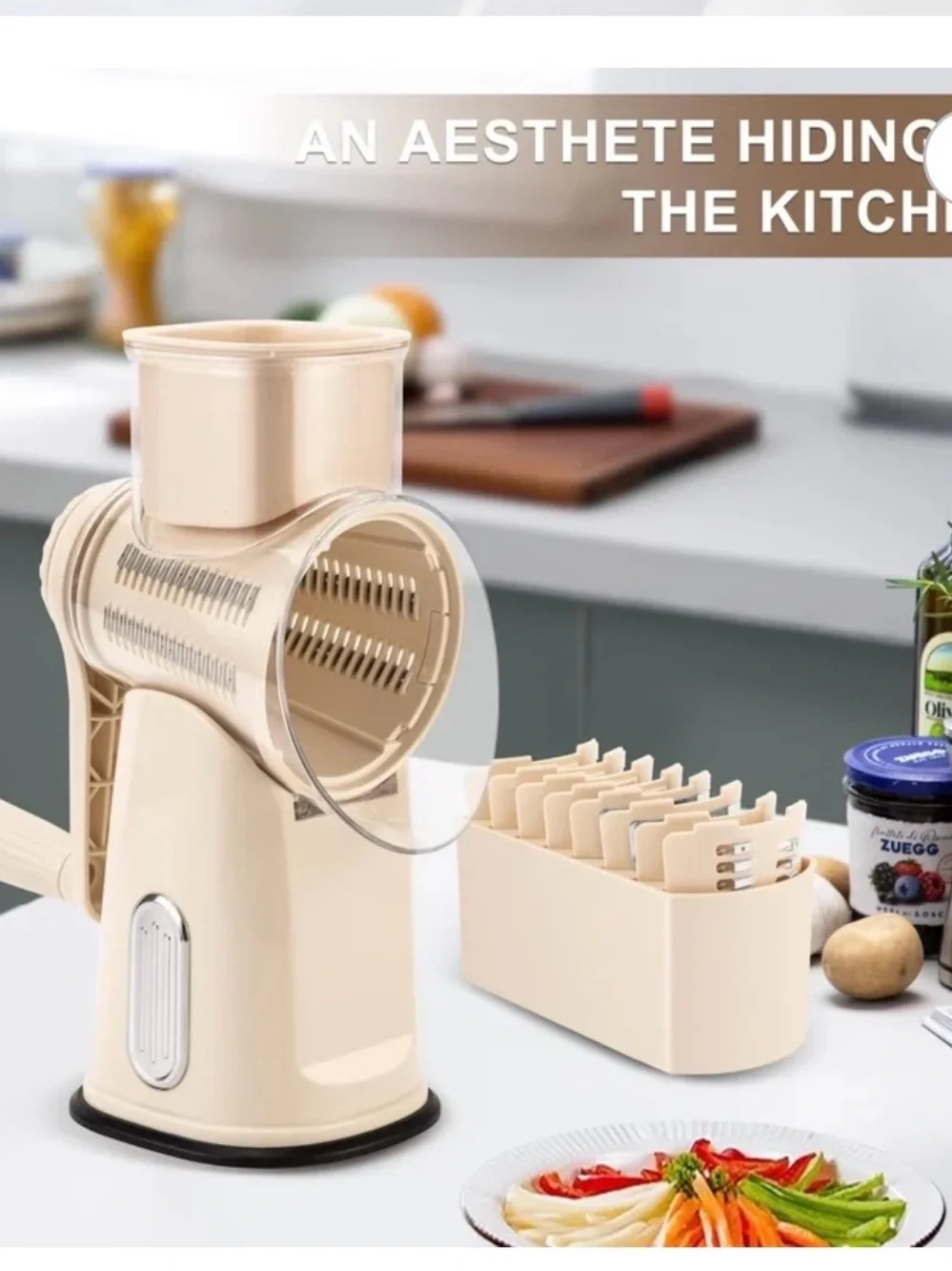 SUSTEAS Rotary Cheese Grater & Vegetable Slicer with Blade Set: new in box beige